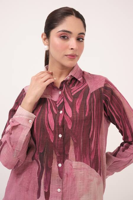Shop Ruchi Marodia Pink Cotton Collared Mulberry Printed Shirt And Pant Set Online at Aza Fashions Shop_Ruchi Marodia_Pink Cotton Collared Mulberry Printed Shirt And Pant Set _Online_at_Aza_Fashions