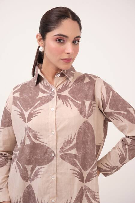 Ruchi Marodia Beige Cotton Collared And Brown Designer Pant Set Online at Aza Fashions Ruchi Marodia_Beige Cotton Collared And Brown Designer Pant Set _Online_at_Aza_Fashions