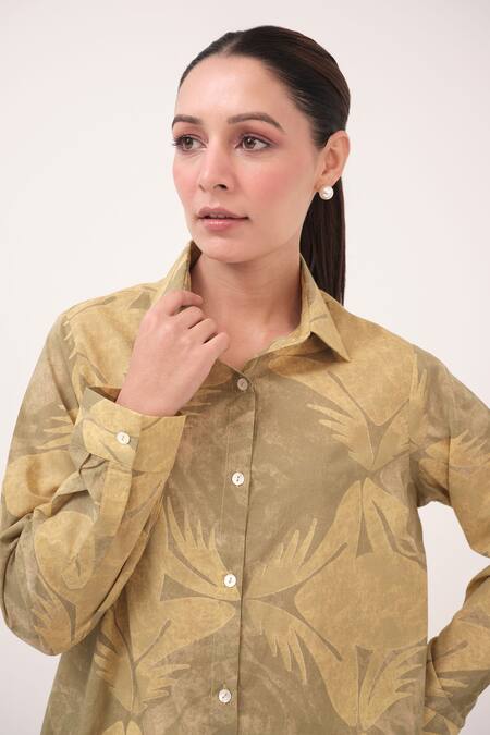 Ruchi Marodia Green Cotton Collared And Yellow Printed Shirt & Pant Set Online at Aza Fashions Ruchi Marodia_Green Cotton Collared And Yellow Printed Shirt & Pant Set _Online_at_Aza_Fashions