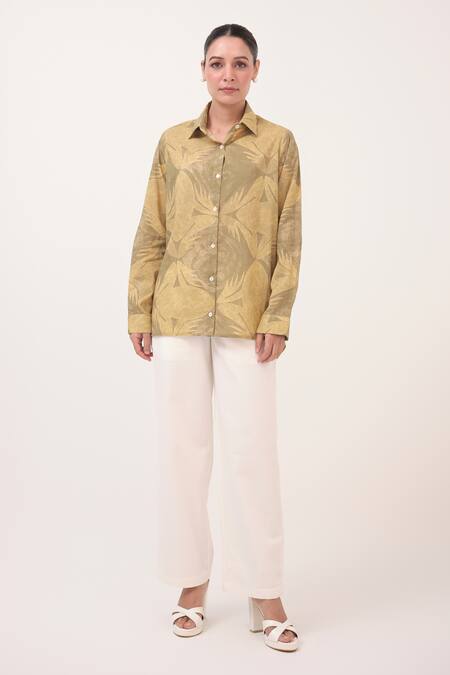 Shop Ruchi Marodia Green Cotton Collared And Yellow Printed Shirt & Pant Set Online at Aza Fashions Shop_Ruchi Marodia_Green Cotton Collared And Yellow Printed Shirt & Pant Set _Online_at_Aza_Fashions