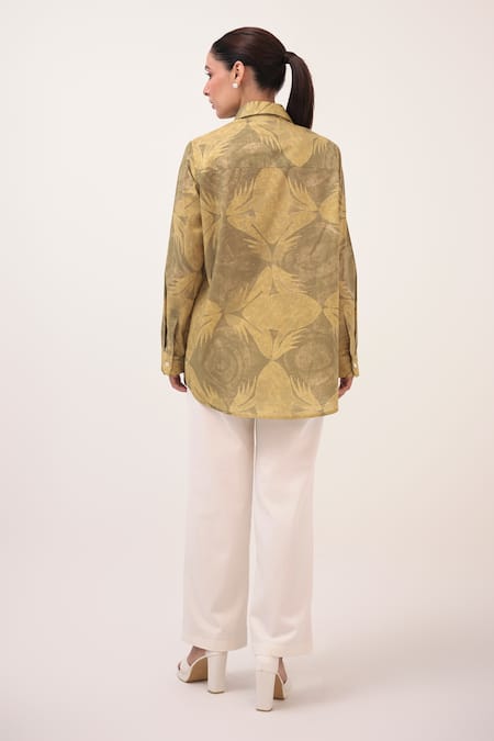 Shop Ruchi Marodia Green Cotton Collared And Yellow Printed Shirt & Pant Set at Aza Fashions Shop_Ruchi Marodia_Green Cotton Collared And Yellow Printed Shirt & Pant Set _at_Aza_Fashions