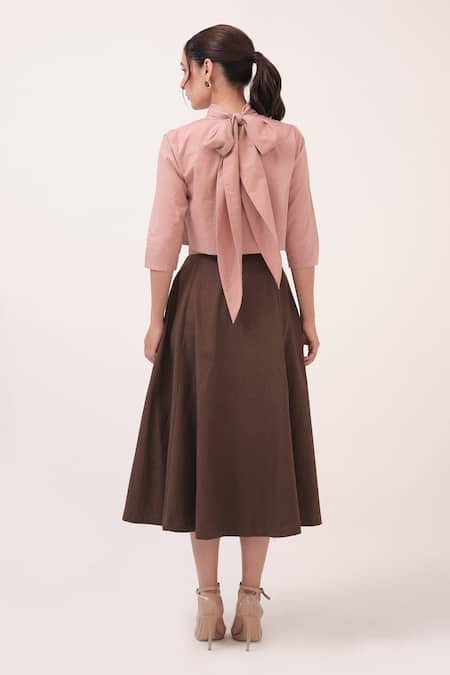 Shop Ruchi Marodia Pink Cotton High Neck Pastel Crop Top And Dark Brown Skirt Set at Aza Fashions Shop_Ruchi Marodia_Pink Cotton High Neck Pastel Crop Top And Dark Brown Skirt Set _at_Aza_Fashions