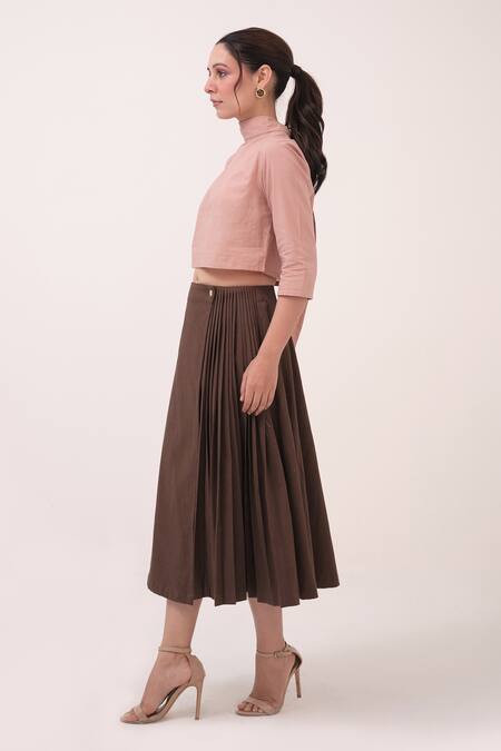 Ruchi Marodia Pink Cotton High Neck Pastel Crop Top And Dark Brown Skirt Set Online at Aza Fashions Ruchi Marodia_Pink Cotton High Neck Pastel Crop Top And Dark Brown Skirt Set _Online_at_Aza_Fashions