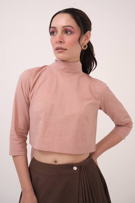 Buy Ruchi Marodia Pink Cotton High Neck Pastel Crop Top And Dark Brown Skirt Set Online at Aza Fashions Buy_Ruchi Marodia_Pink Cotton High Neck Pastel Crop Top And Dark Brown Skirt Set _Online_at_Aza_Fashions