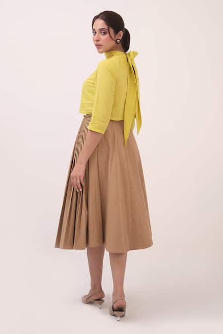 Shop Ruchi Marodia Green Cotton High Neck Lemon Crop Top And Ash Brown Skirt Set at Aza Fashions Shop_Ruchi Marodia_Green Cotton High Neck Lemon Crop Top And Ash Brown Skirt Set _at_Aza_Fashions