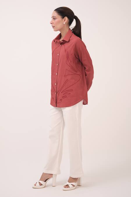 Buy Ruchi Marodia Red Cotton Embroidery Collared Berry And White Pant Set Online at Aza Fashions Buy_Ruchi Marodia_Red Cotton Embroidery Collared Berry And White Pant Set _Online_at_Aza_Fashions