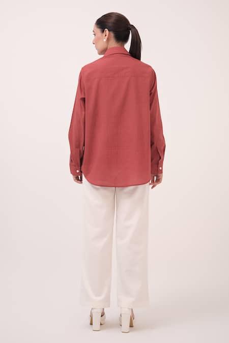 Shop Ruchi Marodia Red Cotton Embroidery Collared Berry And White Pant Set at Aza Fashions Shop_Ruchi Marodia_Red Cotton Embroidery Collared Berry And White Pant Set _at_Aza_Fashions