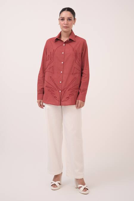 Shop Ruchi Marodia Red Cotton Embroidery Collared Berry And White Pant Set Online at Aza Fashions Shop_Ruchi Marodia_Red Cotton Embroidery Collared Berry And White Pant Set _Online_at_Aza_Fashions