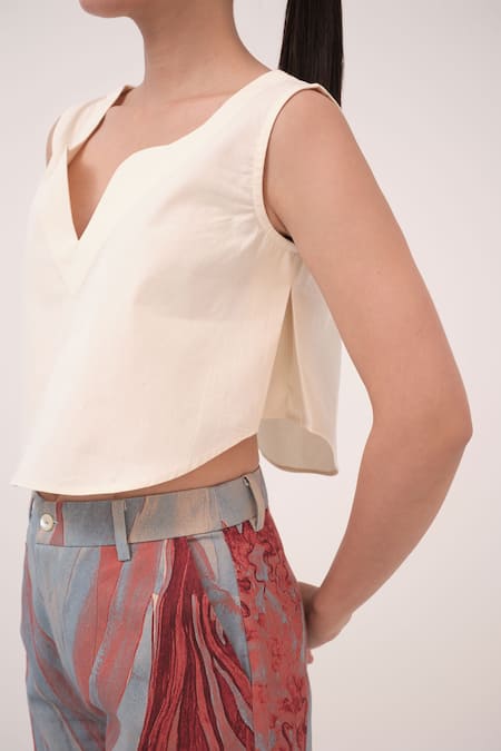 Ruchi Marodia Off White Cotton, Denim V-neck Designer And Blue Pant Set Online at Aza Fashions Ruchi Marodia_Off White Cotton, Denim V-neck Designer And Blue Pant Set _Online_at_Aza_Fashions