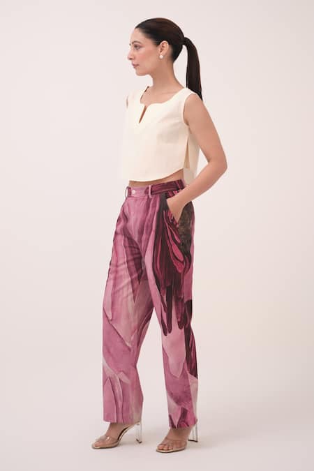 Shop Ruchi Marodia Off White Cotton, Denim Keyhole Neck And Mulberry Pink Pant Set at Aza Fashions Shop_Ruchi Marodia_Off White Cotton, Denim Keyhole Neck And Mulberry Pink Pant Set _at_Aza_Fashions