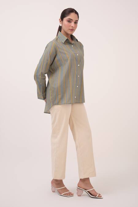 Buy_Ruchi Marodia_Blue Cotton Collared Striped Shirt And Pant Set _Online_at_Aza_Fashions