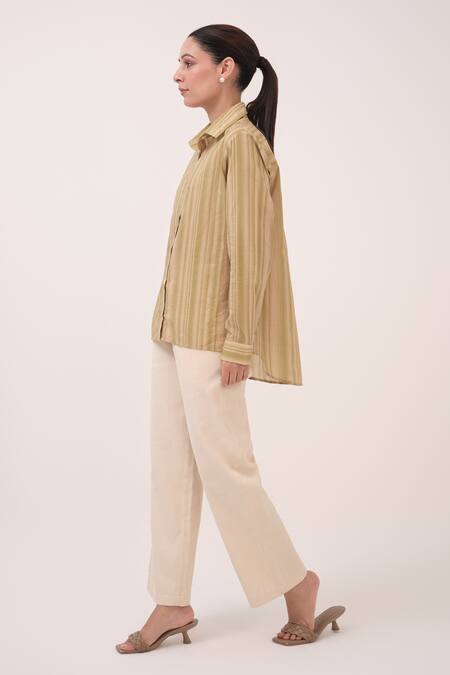 Ruchi Marodia Beige Cotton, Denim Collared Striped And Green Pant Set Online at Aza Fashions Ruchi Marodia_Beige Cotton, Denim Collared Striped And Green Pant Set _Online_at_Aza_Fashions