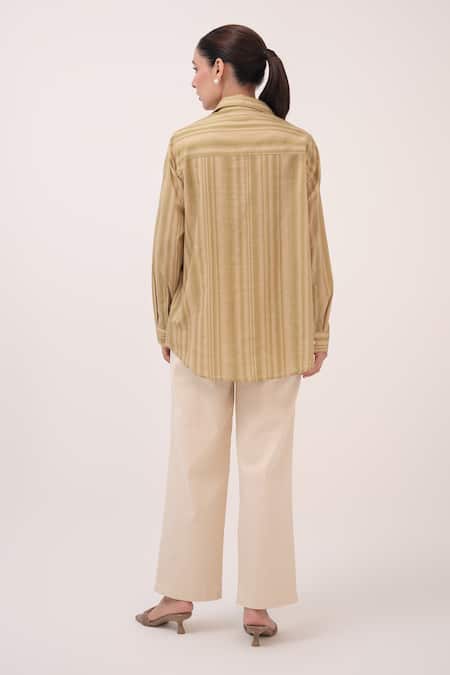 Shop Ruchi Marodia Beige Cotton, Denim Collared Striped And Green Pant Set at Aza Fashions Shop_Ruchi Marodia_Beige Cotton, Denim Collared Striped And Green Pant Set _at_Aza_Fashions