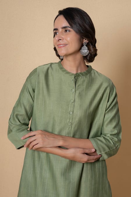 Buy_Kameez_Olive Green Chanderi Mandarin Collar Kurta And Pant Set _Online_at_Aza_Fashions