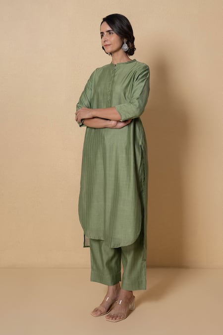 Shop_Kameez_Olive Green Chanderi Mandarin Collar Kurta And Pant Set _Online_at_Aza_Fashions