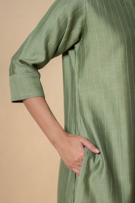 Kameez_Olive Green Chanderi Mandarin Collar Kurta And Pant Set _at_Aza_Fashions