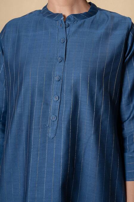 Kameez_Blue Chanderi Round Neck Striped Kurta Set _Online_at_Aza_Fashions