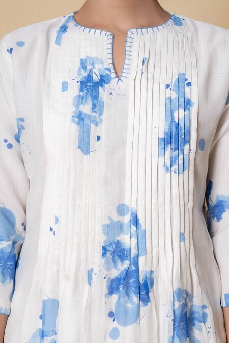 Buy_Kameez_White Chanderi, Cotton, Organza Keyhole Neck Floral Print Kurta Set 