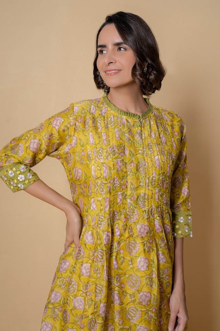 Buy_Kameez_Yellow Printed Chanderi Kurta Set_Online_at_Aza_Fashions