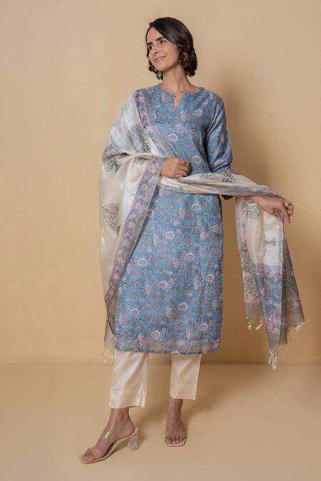 Buy Kameez Blue Tussar Tassels Split V-neck Printed Kurta With Dupatta Online at Aza Fashions Buy_Kameez_Blue Tussar Tassels Split V-neck Printed Kurta With Dupatta _Online_at_Aza_Fashions