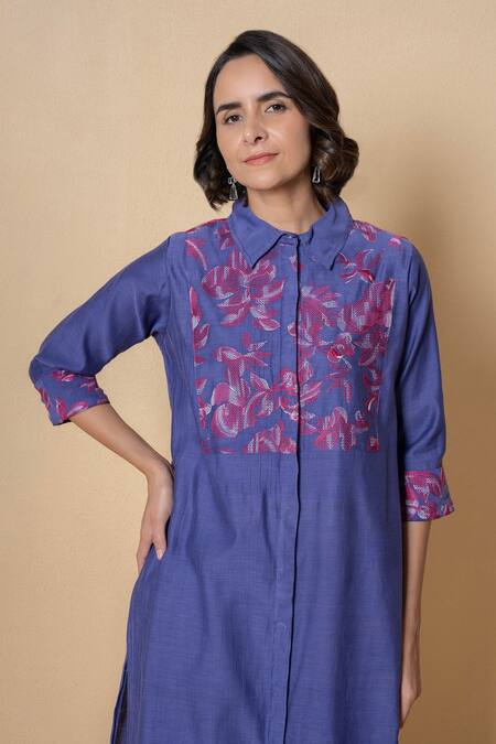 Kameez_Purple Chanderi, Cotton Embroidery Collared Floral Kurta Set_Online_at_Aza_Fashions