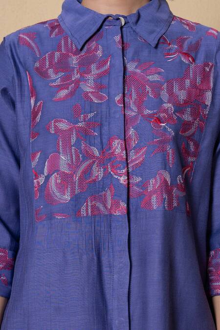 Buy_Kameez_Purple Chanderi, Cotton Embroidery Collared Floral Kurta Set_Online_at_Aza_Fashions