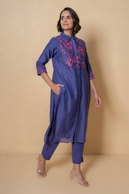 Shop_Kameez_Purple Chanderi, Cotton Embroidery Collared Floral Kurta Set_Online_at_Aza_Fashions