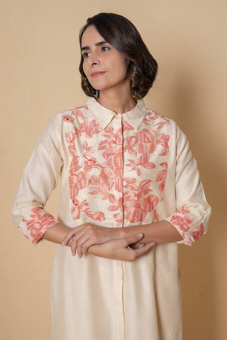 Buy_Kameez_Embroidered Ivory Chanderi Kurta Set_Online_at_Aza_Fashions