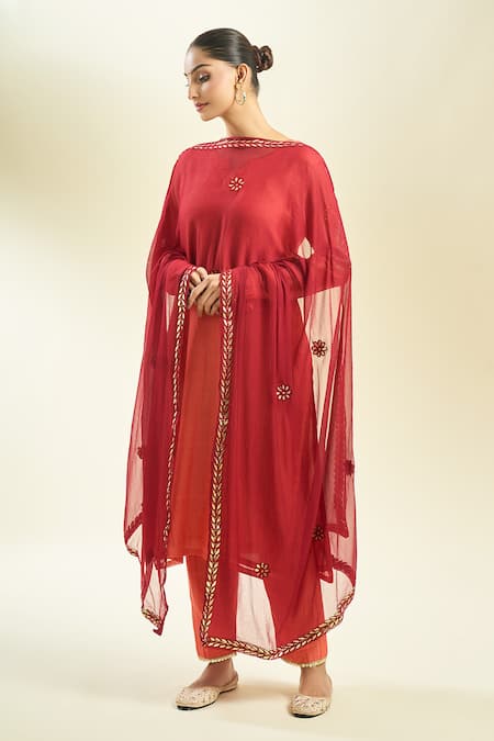 Shop_Samyukta Singhania_Maroon Chiffon Embroidery Dupatta_at_Aza_Fashions