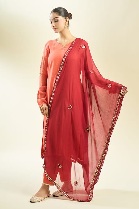 Shop_Samyukta Singhania_Maroon Chiffon Embroidery Dupatta_Online_at_Aza_Fashions