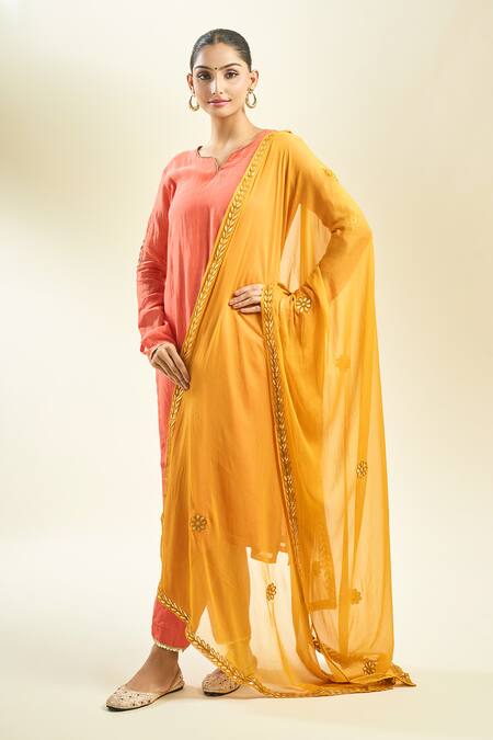 Shop_Samyukta Singhania_Mustard Yellow Chiffon Dupatta_Online_at_Aza_Fashions