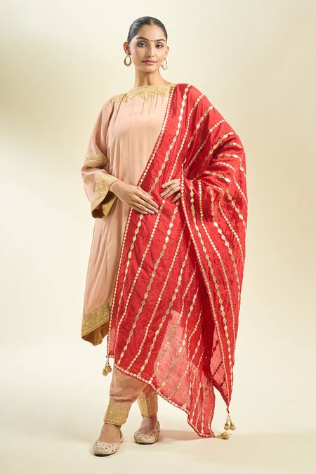 Shop_Samyukta Singhania_Red Striped Silk Blend Dupatta_at_Aza_Fashions