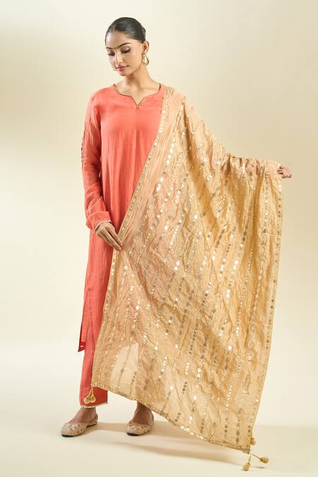 Shop_Samyukta Singhania_Fawn Gold Silk Blend Dupatta_Online_at_Aza_Fashions