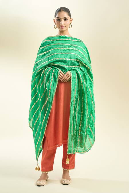 Shop_Samyukta Singhania_Green Silk Blend Dupatta_Online_at_Aza_Fashions