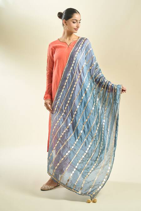 Buy_Samyukta Singhania_Gray Grey Silk Blend Dupatta With Golden Stripes_Online_at_Aza_Fashions
