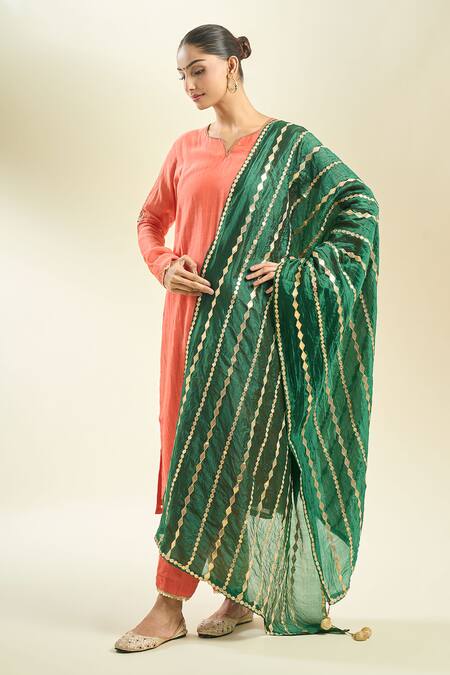 Shop_Samyukta Singhania_Bottle Green Silk Blend Dupatta_Online_at_Aza_Fashions