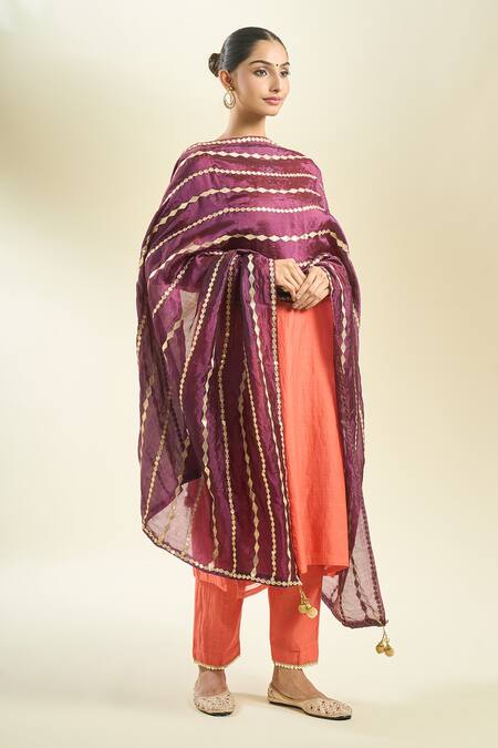 Buy_Samyukta Singhania_Wine Silk Blend Dupatta With Gold Stripes_Online_at_Aza_Fashions
