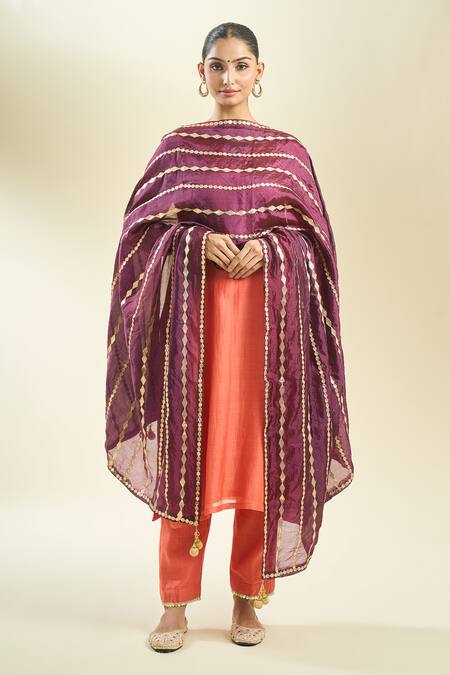 Shop_Samyukta Singhania_Wine Silk Blend Dupatta With Gold Stripes_at_Aza_Fashions