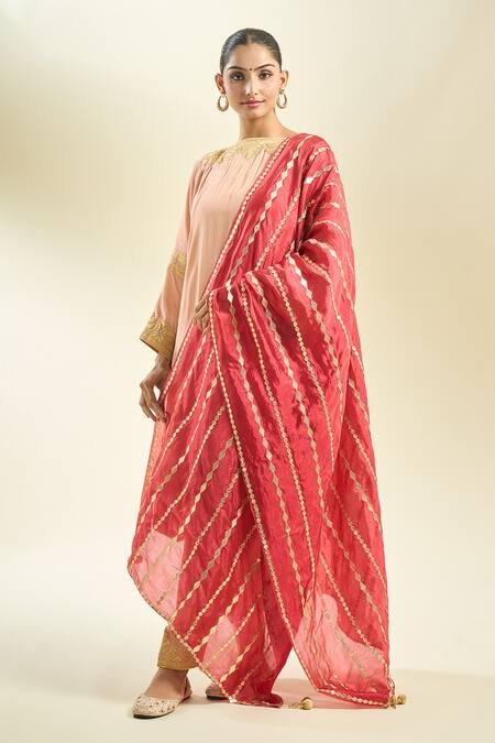 Samyukta Singhania_Maroon Silk Blend Dupatta With Golden Stripes_Online_at_Aza_Fashions