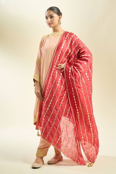 Buy_Samyukta Singhania_Maroon Silk Blend Dupatta With Golden Stripes_Online_at_Aza_Fashions