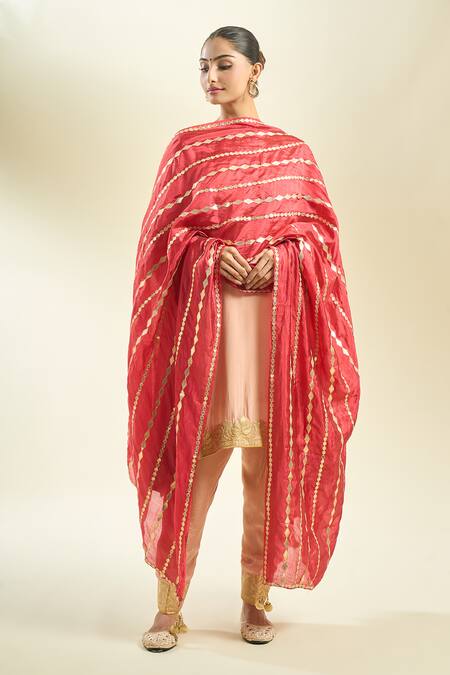 Shop_Samyukta Singhania_Maroon Silk Blend Dupatta With Golden Stripes_at_Aza_Fashions