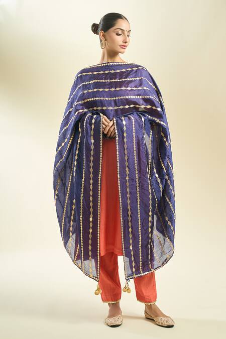 Shop_Samyukta Singhania_Navy Blue Silk Blend Dupatta_at_Aza_Fashions