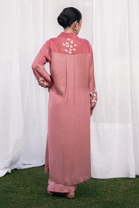 Shop Daljit Sudan Pink Satin Embroidery Collared Salmon Kurta Set at Aza Fashions Shop_Daljit Sudan_Pink Satin Embroidery Collared Salmon Kurta Set _at_Aza_Fashions