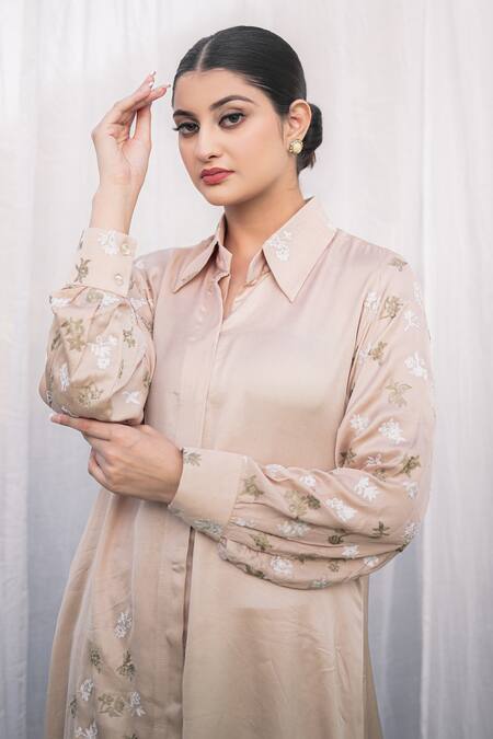 Daljit Sudan_Taupe Satin Embroidery Collared Beige Kurta Set _Online_at_Aza_Fashions