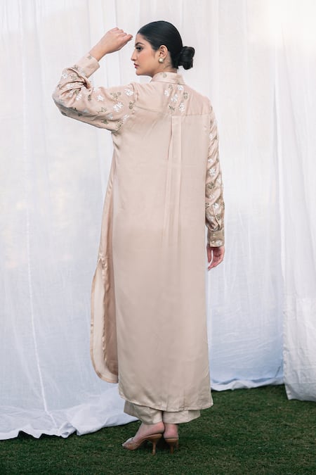 Shop_Daljit Sudan_Taupe Satin Embroidery Collared Beige Kurta Set _at_Aza_Fashions