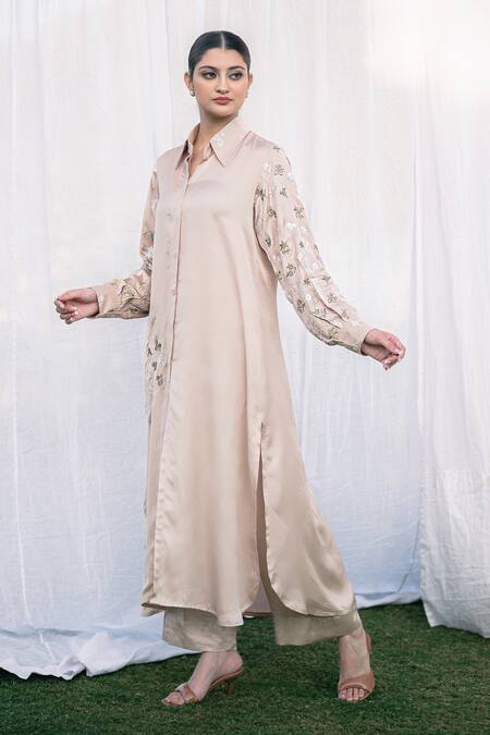 Buy_Daljit Sudan_Taupe Satin Embroidery Collared Beige Kurta Set _Online_at_Aza_Fashions