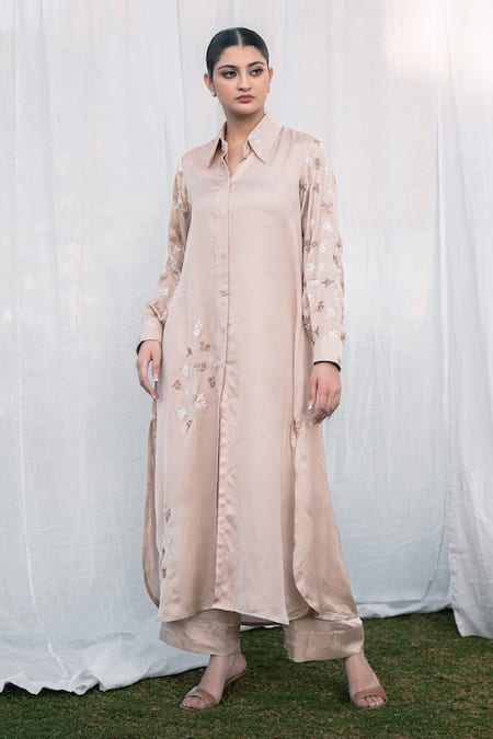 Shop_Daljit Sudan_Taupe Satin Embroidery Collared Beige Kurta Set _Online_at_Aza_Fashions