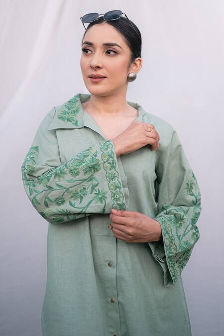 Buy_Daljit Sudan_Green Linen, Cotton Embroidery Collared Straight Kurta Set _Online_at_Aza_Fashions