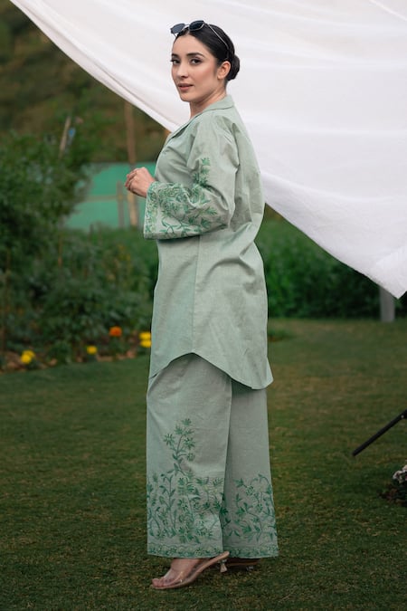 Shop_Daljit Sudan_Green Linen, Cotton Embroidery Collared Straight Kurta Set _at_Aza_Fashions