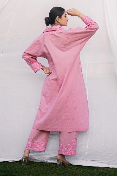 Shop Daljit Sudan Pink Cotton Embroidery Collared Phiran Kurta Set at Aza Fashions Shop_Daljit Sudan_Pink Cotton Embroidery Collared Phiran Kurta Set _at_Aza_Fashions